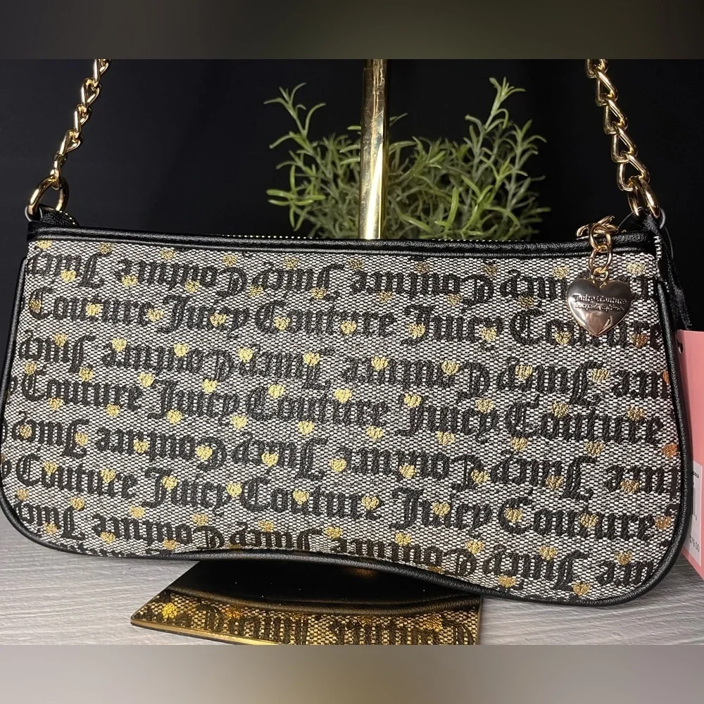 Juicy Couture Poker Face Black & Gold Baguette Shoulder Bag Logo Print NWT